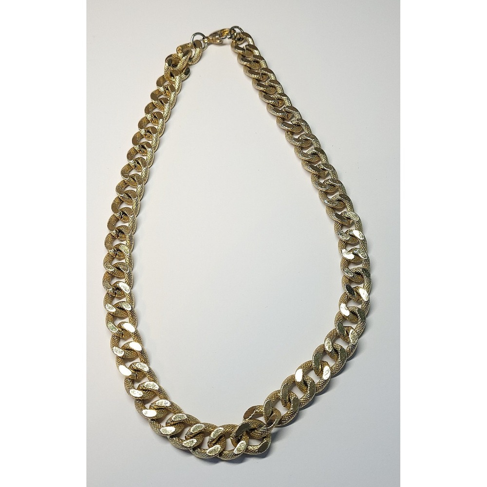 Gold Tone Textured Curb Link Statement Necklace 17" 11.2mm Chunky Chain